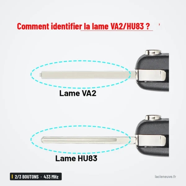 Clé télécommande 433 MHz 2/3 boutons pour Citroën Xsara, Berlingo, puce ID46 - comparaison de deux profils de lame