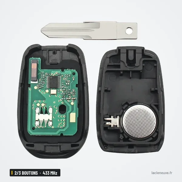Clé télécommande 433 MHz 2/3 boutons pour Dacia Duster, Clio 4, puce PCF7961M - intérieur ouvert avec emplacement de la pile