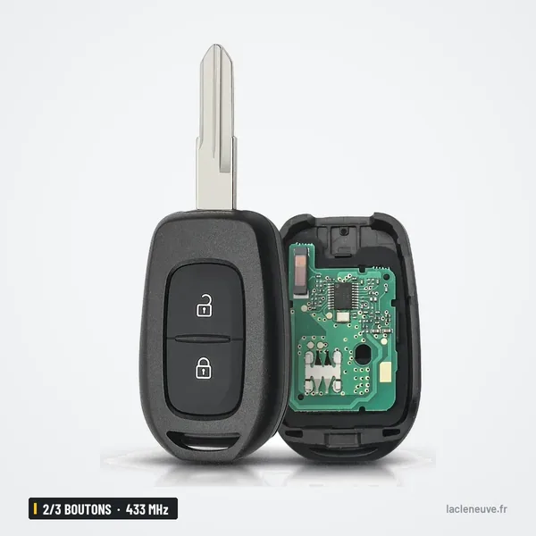 Clé télécommande 433 MHz 2/3 boutons pour Dacia Duster, Logan, puce PCF7961M - coque ouverte à côté du circuit imprimé