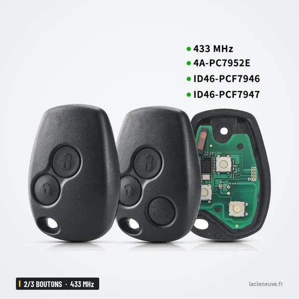 Clé télécommande 433 MHz 2/3 boutons pour Dacia Duster, Logan - trois clés avec lame, circuit imprimé visible à droite