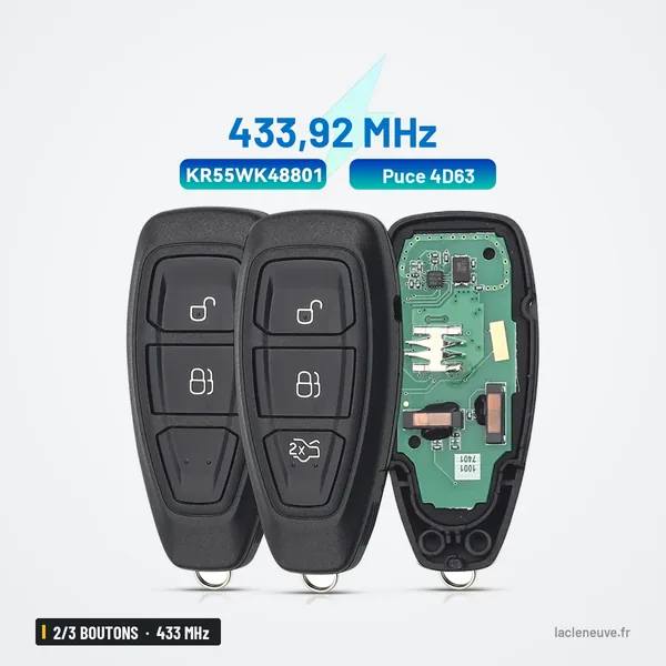 Clé télécommande 433 MHz 2/3 boutons pour Ford Focus, Fiesta, Mondeo - trois clés vues de face, encart informatif en haut