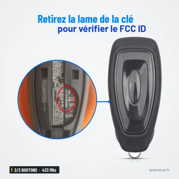 Clé télécommande 433 MHz 2/3 boutons pour Ford Focus, Fiesta, Mondeo - gros plan sur l'emplacement de la lame, encart agrandi