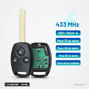 Clé télécommande 433 MHz 2/3 boutons pour Honda Accord, CR-V, Civic, puce ID46 - clé avec lame fixe et circuit visible Clé télécommande 433 MHz 2/3 boutons pour Honda Accord, CR-V, Civic, puce ID46 - clé avec lame fixe et circuit visible