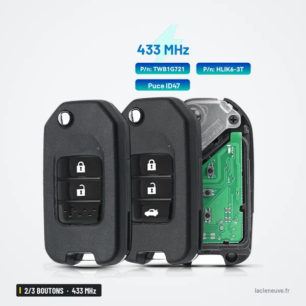 Clé télécommande 433 MHz 2/3 boutons pour Honda Civic, Accord, CR-V, Jazz - trois clés en vue éclatée, face et profil