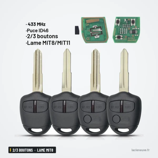 Clé télécommande 433 MHz 2/3 boutons pour Mitsubishi Pajero, ASX, lame MIT8 - quatre clés alignées, lame déployée