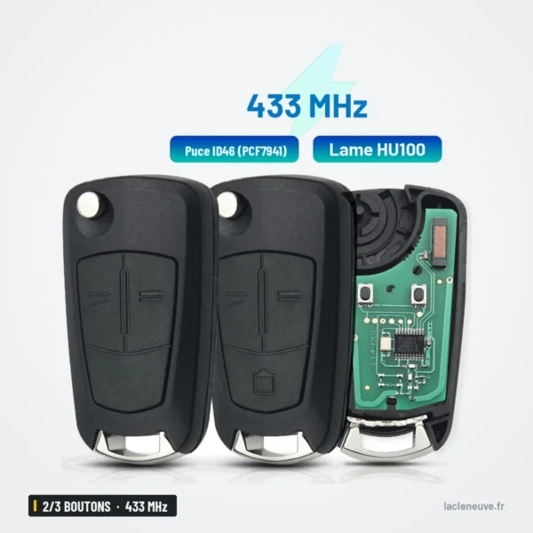 Clé télécommande 433 MHz 2/3 boutons pour Opel Astra H, Zafira B, Vectra C - deux coques avec circuit imprimé