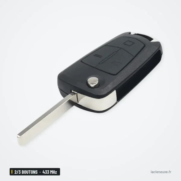 Clé télécommande 433 MHz 2/3 boutons pour Opel Astra H, Zafira B, Vectra C - vue de trois quarts, lame sortie