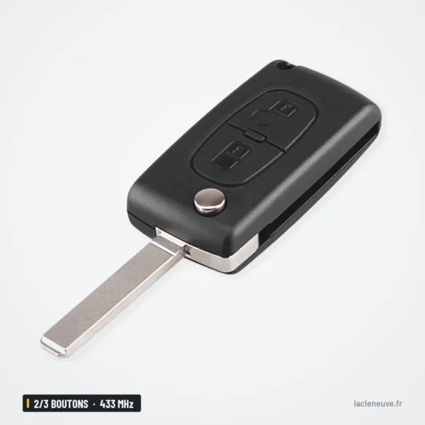 Clé télécommande 433 MHz 2/3 boutons pour Peugeot 306, 407, 408, puce ID46 - vue de face inclinée, lame repliée