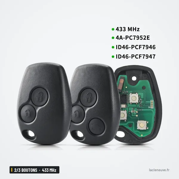 Clé télécommande 433 MHz 2/3 boutons pour Renault Clio 3, Dacia Duster - trois coques avec carte électronique verte