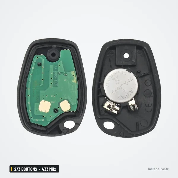 Clé télécommande 433 MHz 2/3 boutons pour Renault Clio 3, Dacia Duster - carte électronique ouverte avec pile visible