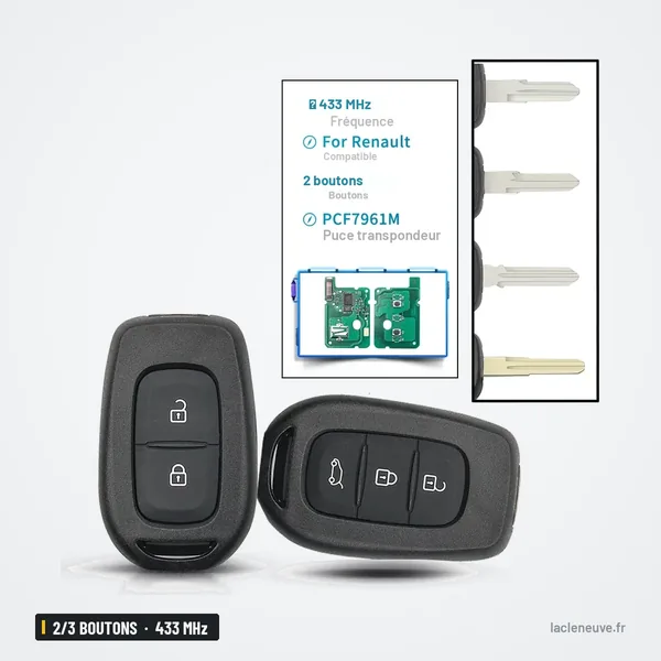 Clé télécommande 433 MHz 2/3 boutons pour Renault Clio, Dacia Duster, Logan - trois lames différentes alignées à côté