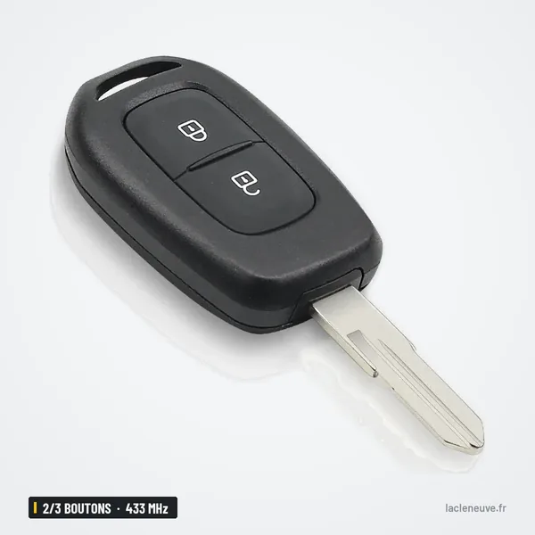 Clé télécommande 433 MHz 2/3 boutons pour Renault Clio, Dacia Duster, Logan - vue de face, lame repliée