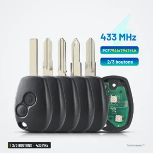 Clé télécommande 433 MHz 2/3 boutons pour Renault Clio, Kangoo, Dacia Logan - éventail de lames avec circuit imprimé Clé télécommande 433 MHz 2/3 boutons pour Renault Clio, Kangoo, Dacia Logan - éventail de lames avec circuit imprimé
