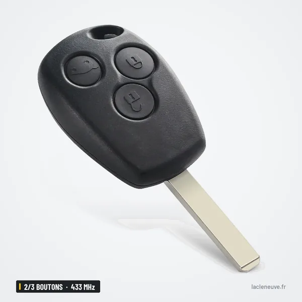 Clé télécommande 433 MHz 2/3 boutons pour Renault Clio, Kangoo, Dacia Logan - vue de face, tête arrondie