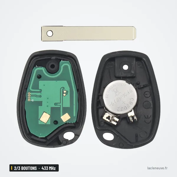 Clé télécommande 433 MHz 2/3 boutons pour Renault Clio, Kangoo, Dacia Logan - circuit imprimé et pile apparents