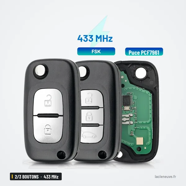 Clé télécommande 433 MHz 2/3 boutons pour Renault Clio, Kangoo, puce PCF7961 - trois clés alignées, une ouverte avec circuit