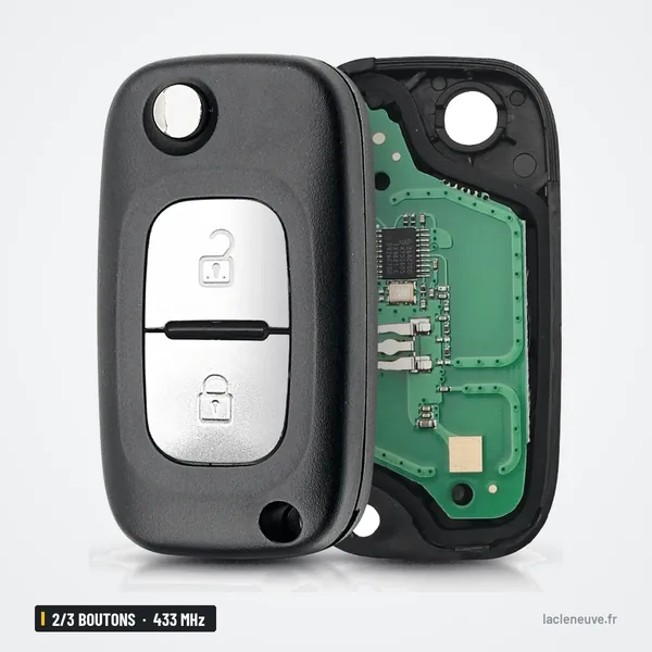 Clé télécommande 433 MHz 2/3 boutons pour Renault Clio, Kangoo, puce PCF7961 - coque ouverte, circuit imprimé visible
