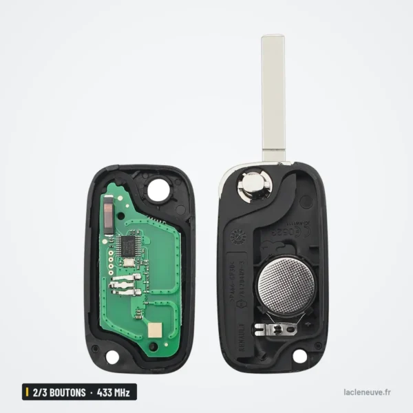 Clé télécommande 433 MHz 2/3 boutons pour Renault Scenic 3, Megane 3, PCF7961 - coque ouverte avec circuit et pile