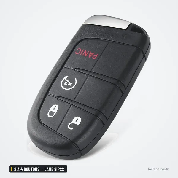 Clé télécommande 433 MHz 2 à 4 boutons pour Jeep Compass, Renegade, lame SIP22 - vue de face, bouton panique en haut