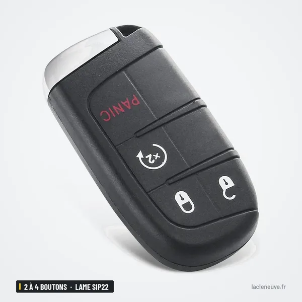 Clé télécommande 433 MHz 2 à 4 boutons pour Jeep Compass, Renegade, lame SIP22 - vue de face, bouton panique en bas