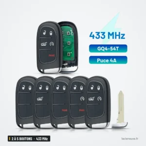 Clé télécommande 433 MHz 2 à 5 boutons pour Jeep Cherokee, 433 MHz - plusieurs clés alignées de face, lame séparée à droite Clé télécommande 433 MHz 2 à 5 boutons pour Jeep Cherokee, 433 MHz - plusieurs clés alignées de face, lame séparée à droite