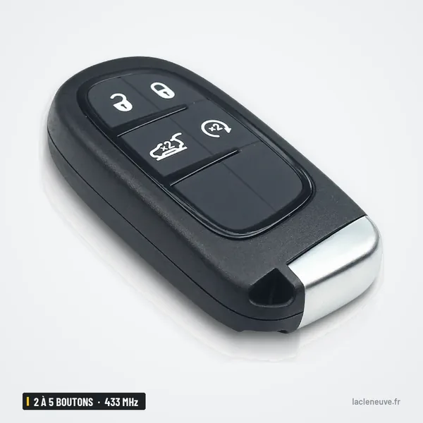 Clé télécommande 433 MHz 2 à 5 boutons pour Jeep Cherokee, 433 MHz - vue de face, trois boutons et contour chromé