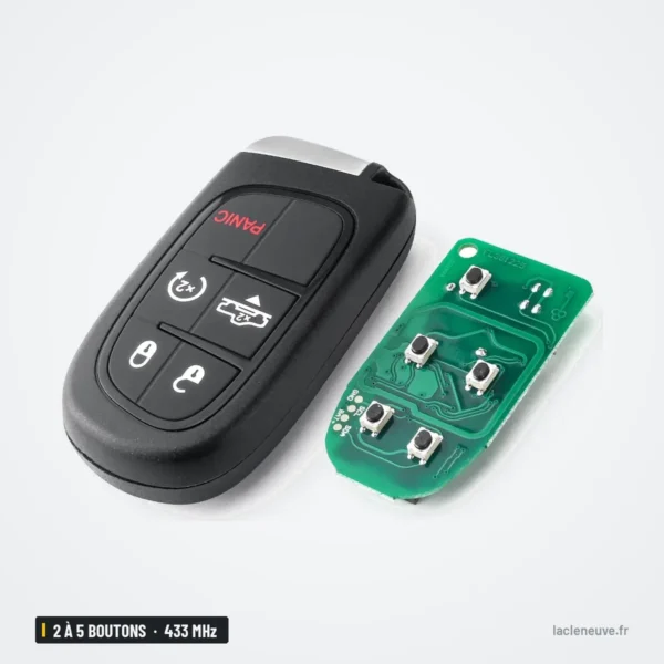 Clé télécommande 433 MHz 2 à 5 boutons pour Jeep Cherokee, 433 MHz - face avant et circuit imprimé côte à côte