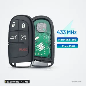 Clé télécommande 433 MHz 2 à 5 boutons pour Jeep, Dodge, Chrysler Grand Cherokee - vue de face, boutons et bouton rond