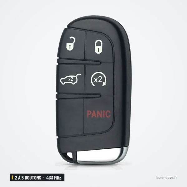 Clé télécommande 433 MHz 2 à 5 boutons pour Jeep, Dodge, Chrysler Grand Cherokee - vue de face, quatre boutons alignés