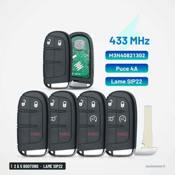 Clé télécommande 433 MHz 2 à 5 boutons pour Jeep Renegade, Compass - quatre versions avec lame détachée, étiquette technique