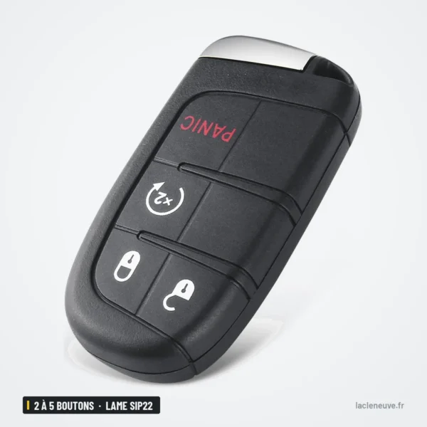 Clé télécommande 433 MHz 2 à 5 boutons pour Jeep Renegade, Compass, lame SIP22 - vue de face, bouton d'urgence en haut