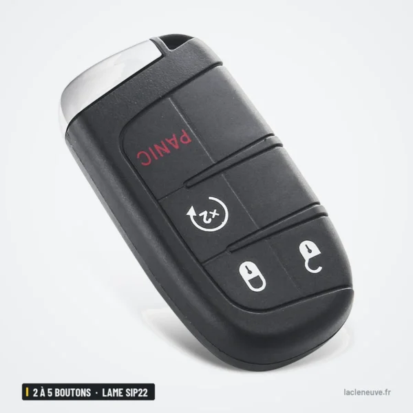 Clé télécommande 433 MHz 2 à 5 boutons pour Jeep Renegade, Compass, lame SIP22 - vue de dos, boutons sur la tranche