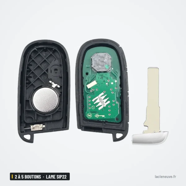 Clé télécommande 433 MHz 2 à 5 boutons pour Jeep Renegade, Compass, lame SIP22 - coque ouverte avec pile visible