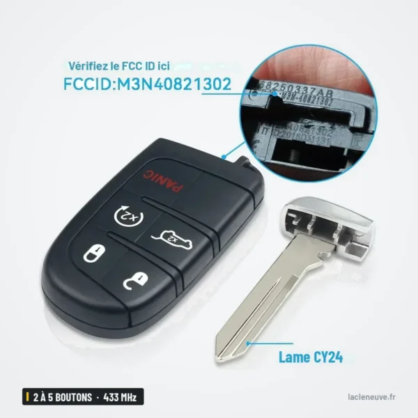 Clé télécommande 433 MHz 2 à 5 boutons pour Jeep Renegade, Compass - vue de face avec lame et gros plan sur la puce