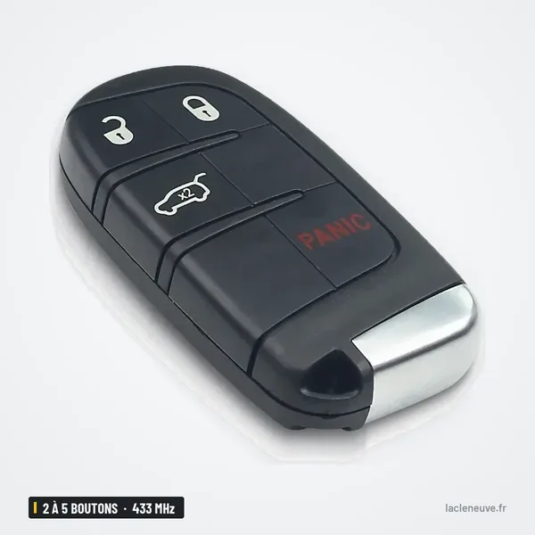 Clé télécommande 433 MHz 2 à 5 boutons pour Jeep Renegade, Compass, puce ID46 - vue de face, boutons verrouillage et alarme