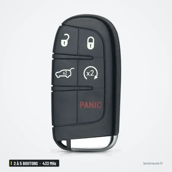 Clé télécommande 433 MHz 2 à 5 boutons pour Jeep Renegade, Compass, puce ID46 - vue de dos, coque lisse sans détail visible
