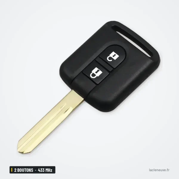 Clé télécommande 433 MHz 2 boutons pour Nissan Micra, Renault Maxity, puce ID46 - vue de profil, clé inclinée