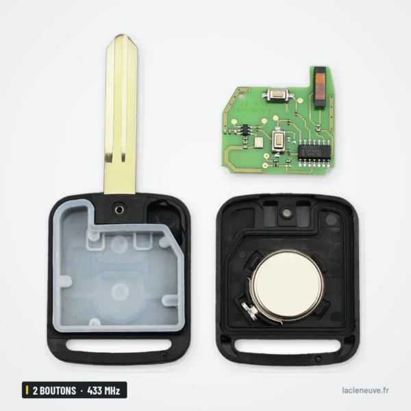 Clé télécommande 433 MHz 2 boutons pour Nissan Micra, Renault Maxity, puce ID46 - coque ouverte avec circuit imprimé et pile