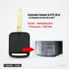 Clé télécommande 433 MHz 2 boutons pour Nissan Micra, Renault Maxity, puce ID46 - zoom sur le repère au dos, flèche rouge