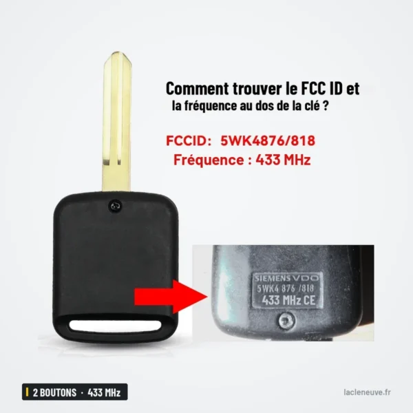 Clé télécommande 433 MHz 2 boutons pour Nissan Micra, Renault Maxity, puce ID46 - zoom sur le repère au dos, flèche rouge