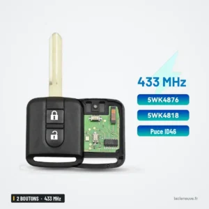 Clé télécommande 433 MHz 2 boutons pour Nissan Qashqai, Micra, puce ID46 - vue de face avec encadré d'informations techniques