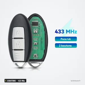 Clé télécommande 433 MHz 2 boutons pour Nissan Qashqai, X-Trail, Juke, puce 4A - vue éclatée avec circuit imprimé et lame