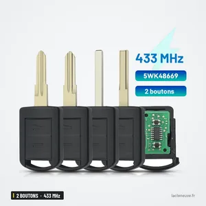 Clé télécommande 433 MHz 2 boutons pour Opel Agila, Meriva, Astra, sans puce - quatre lames alignées avec circuit