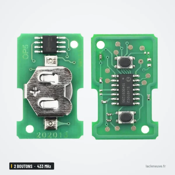 Clé télécommande 433 MHz 2 boutons pour Opel Corsa C, Meriva, Tigra, sans puce - circuit vert recto-verso avec piles