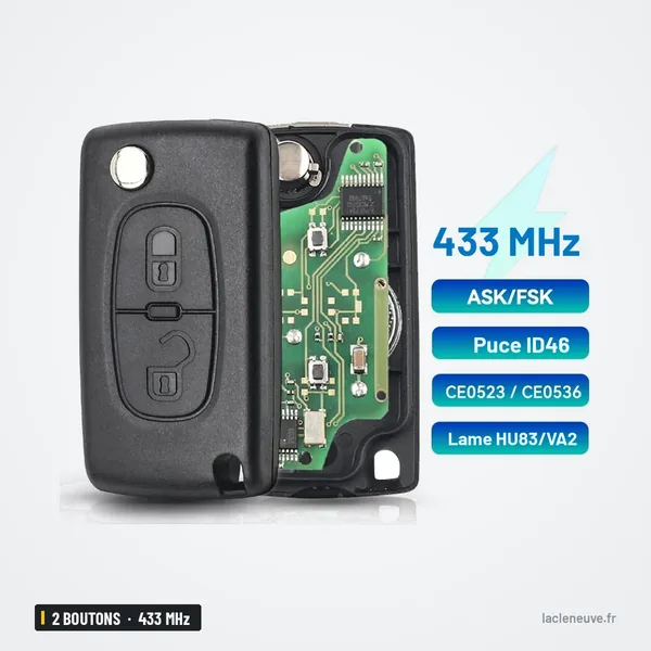 Clé télécommande 433 MHz 2 boutons pour Peugeot 207, 307, 407, 308 - coque ouverte, circuit imprimé et pile visibles