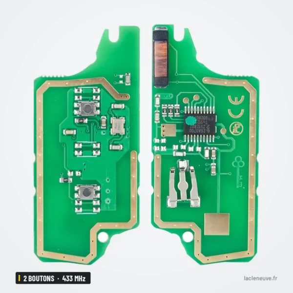 Clé télécommande 433 MHz 2 boutons pour Peugeot 207, 307, 407, 308, puce ID46 - circuit imprimé vu recto et verso
