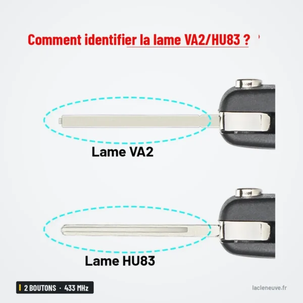 Clé télécommande 433 MHz 2 boutons pour Peugeot 207, 307, 407, 308, puce ID46 - comparaison de deux profils de lame