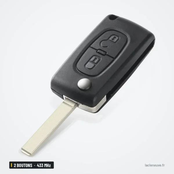 Clé télécommande 433 MHz 2 boutons pour Peugeot 207, 307, 407, 308, puce ID46 - vue de profil, lame dépliée