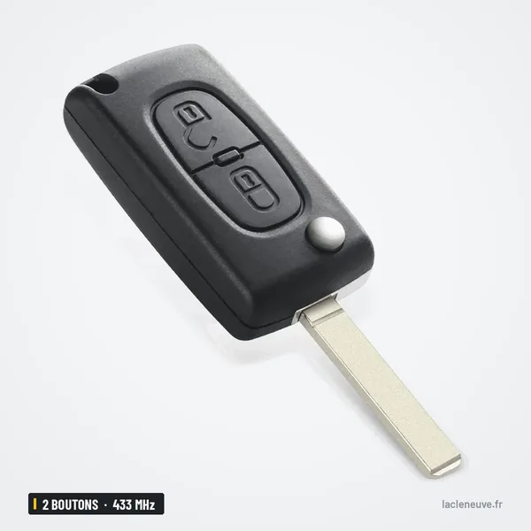 Clé télécommande 433 MHz 2 boutons pour Peugeot 207, 307, 407, 308 - vue de dessus légèrement inclinée, deux boutons