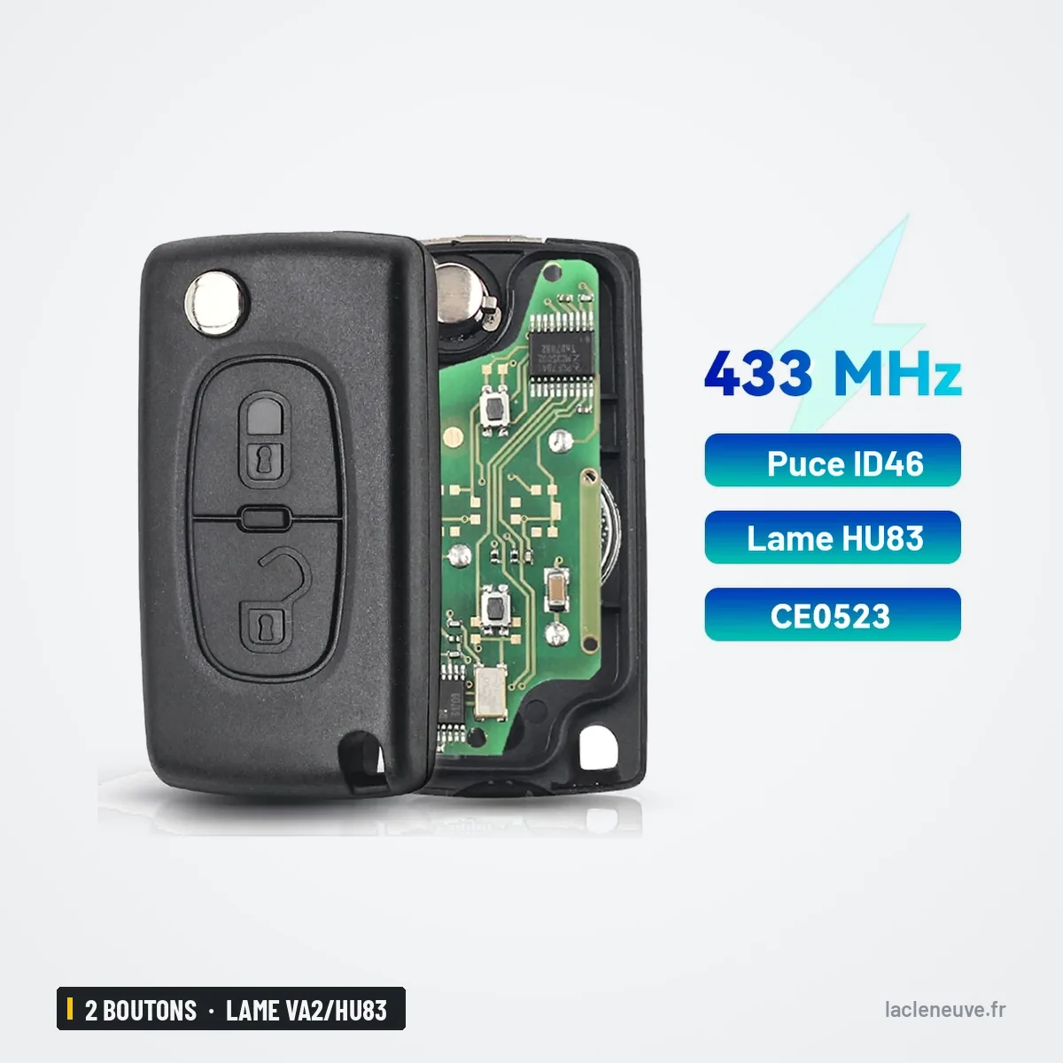 Clé télécommande 433 MHz 2 boutons pour Peugeot 307, 3008, 308, lame VA2/HU83 - intérieur ouvert avec circuit imprimé